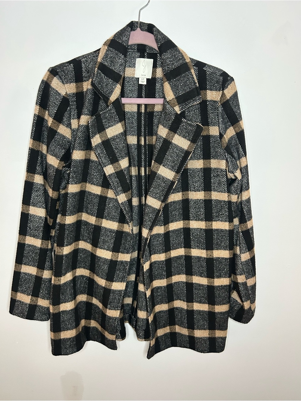 Joie Black Tan Plaid Wool Blend Open Front Blazer Jacket size small